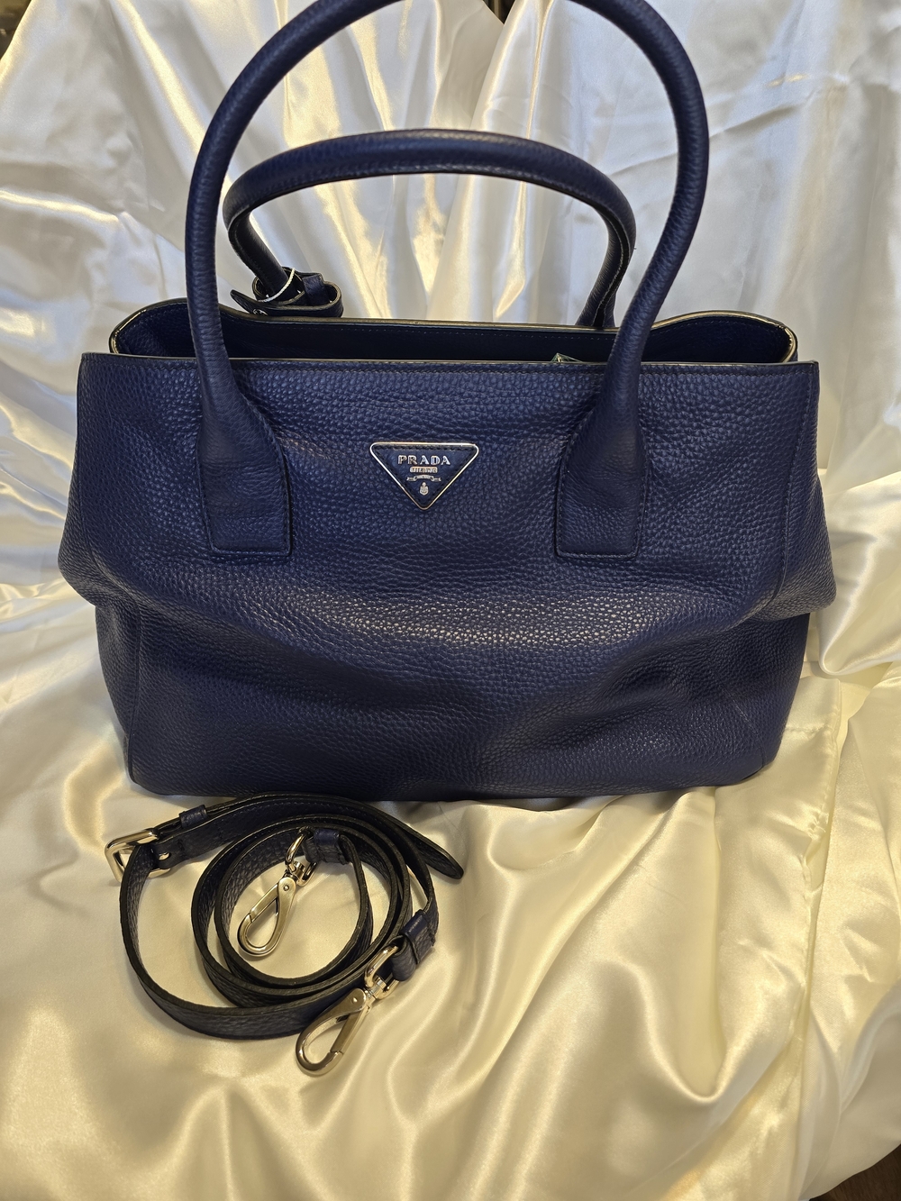 Prada Vitello Daino Convertible Tote BN2808 Ink Blue